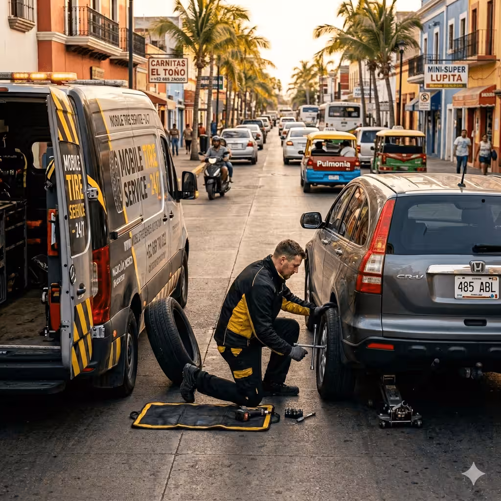 Reparación de llanta ponchada en avenida de Mazatlán con servicio a domicilio